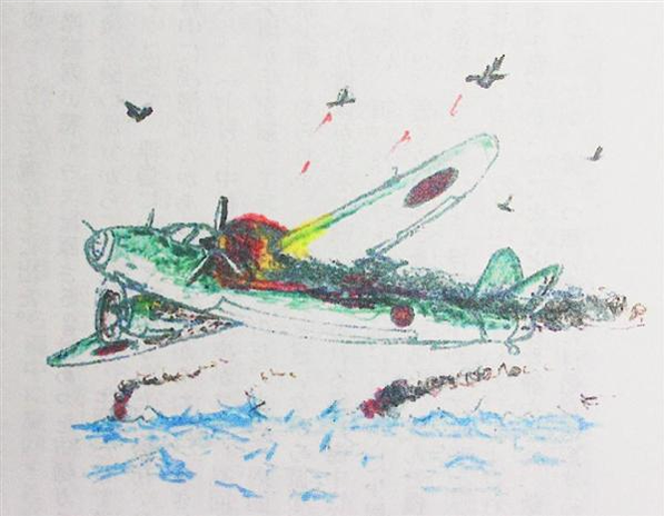 米戦闘機の攻撃で被弾し火を噴く中村真さんの操縦する２番機（中村さん画）
